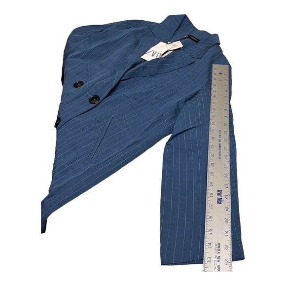 ZARA Blazer WMNS M Blue‎ Pinstripe Double-breasted Oversized Jacket Lapel Collar - Picture 9 of 13